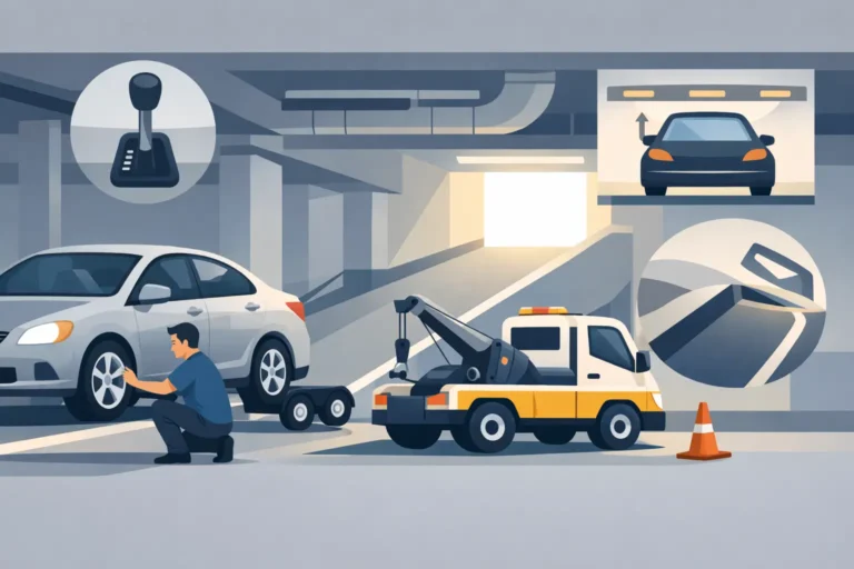 Read more about the article 地下室車輛無法移動拖吊怎麼辦？先確認空檔、輪胎、坡道與出口高度，才能安全派車
