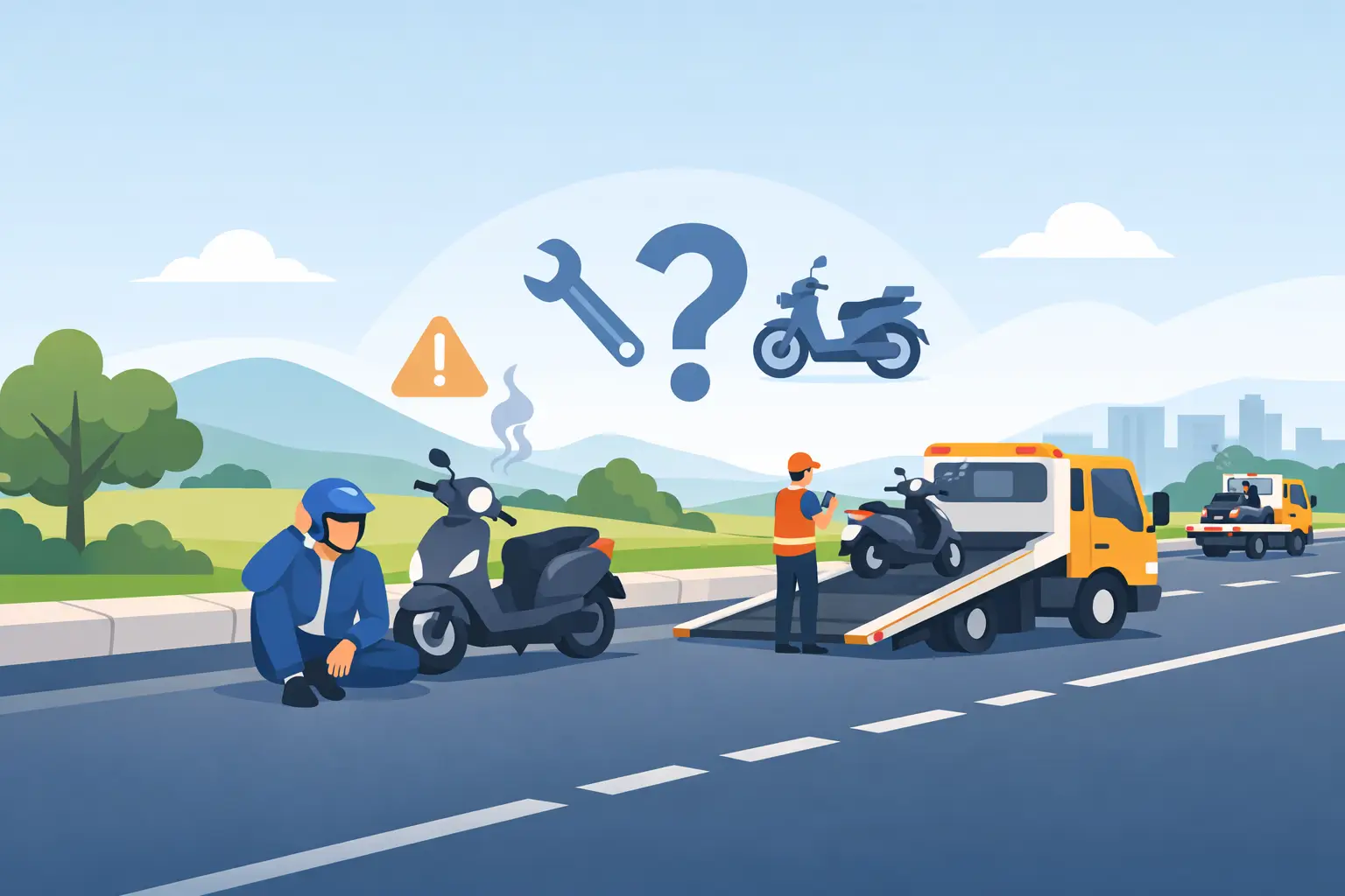 Read more about the article 機車半路故障怎麼處理？先安全靠邊，再判斷能否騎行與安排拖吊救援的實用處理步驟說明