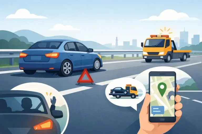 Read more about the article 爆胎後等待拖車安全方法，從靠邊警示到LINE定位通報的實務步驟